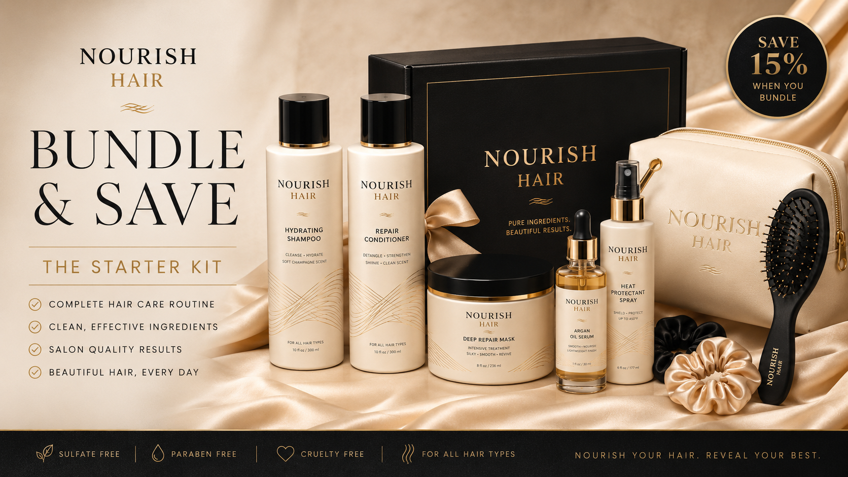 Luxury Nourish Hair starter kit with bottles, serum, treatment jar, box, silk fabric, brush, and soft lighting
