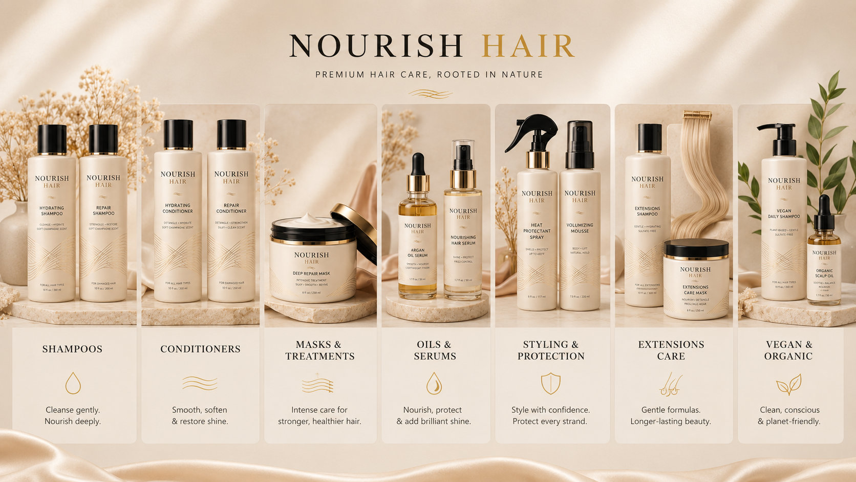 Luxury hair care category showcase with shampoo, conditioner, treatment, serum, styling spray, brush, silk scrunchies, and extension care