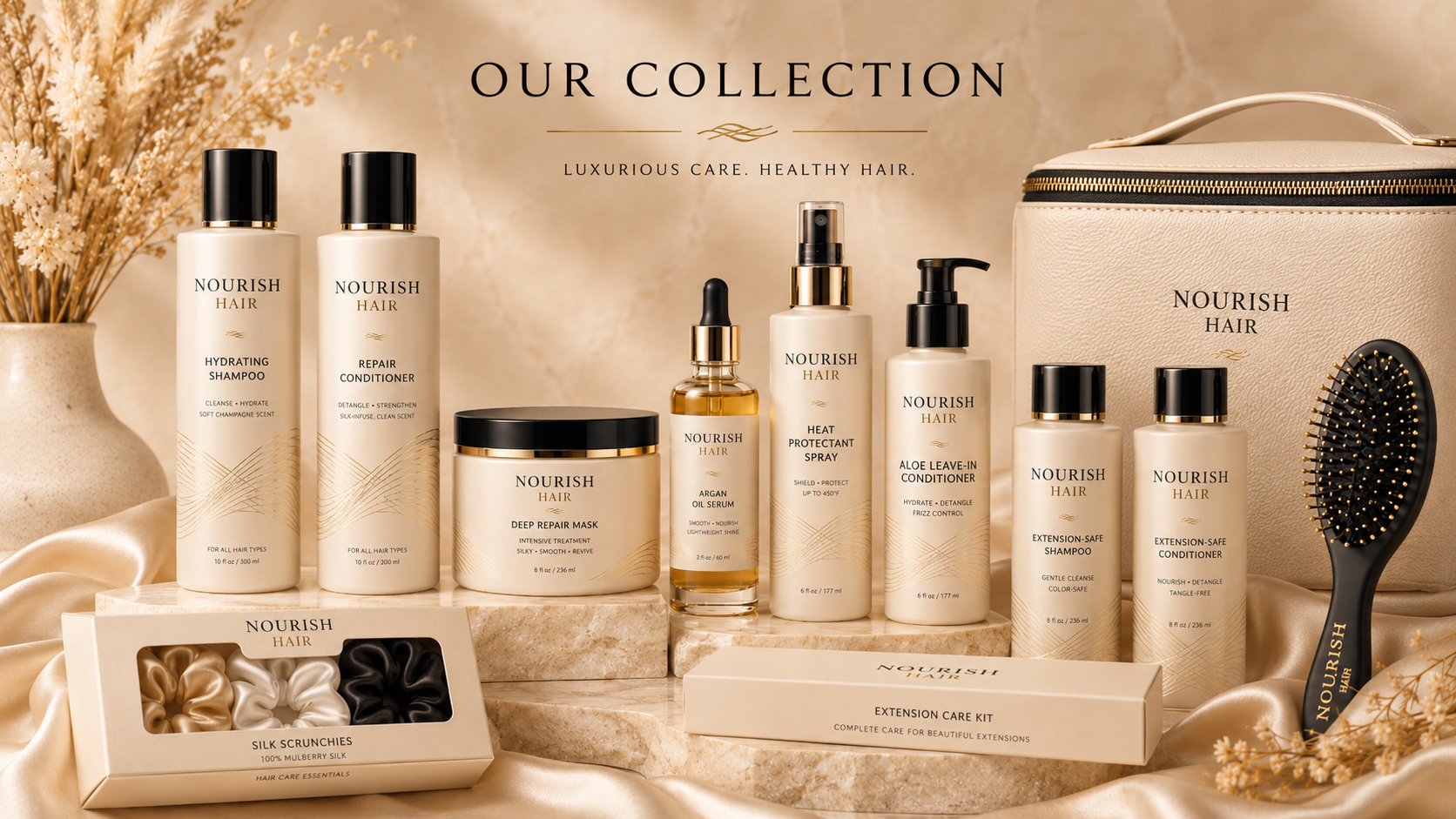 Complete luxury Nourish Hair collection with shampoo, conditioner, mask, serum, heat protectant, leave-in conditioner, extension care, silk scrunchies, brush, and starter kit box