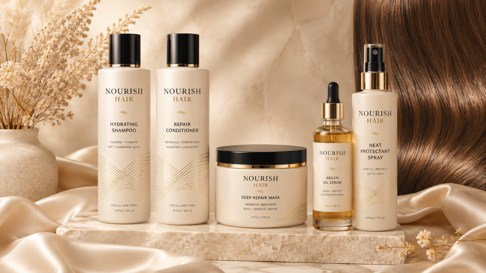 Luxury Nourish Hair bottles, serum, treatment jar, silk fabric, and healthy hair texture on a champagne salon background