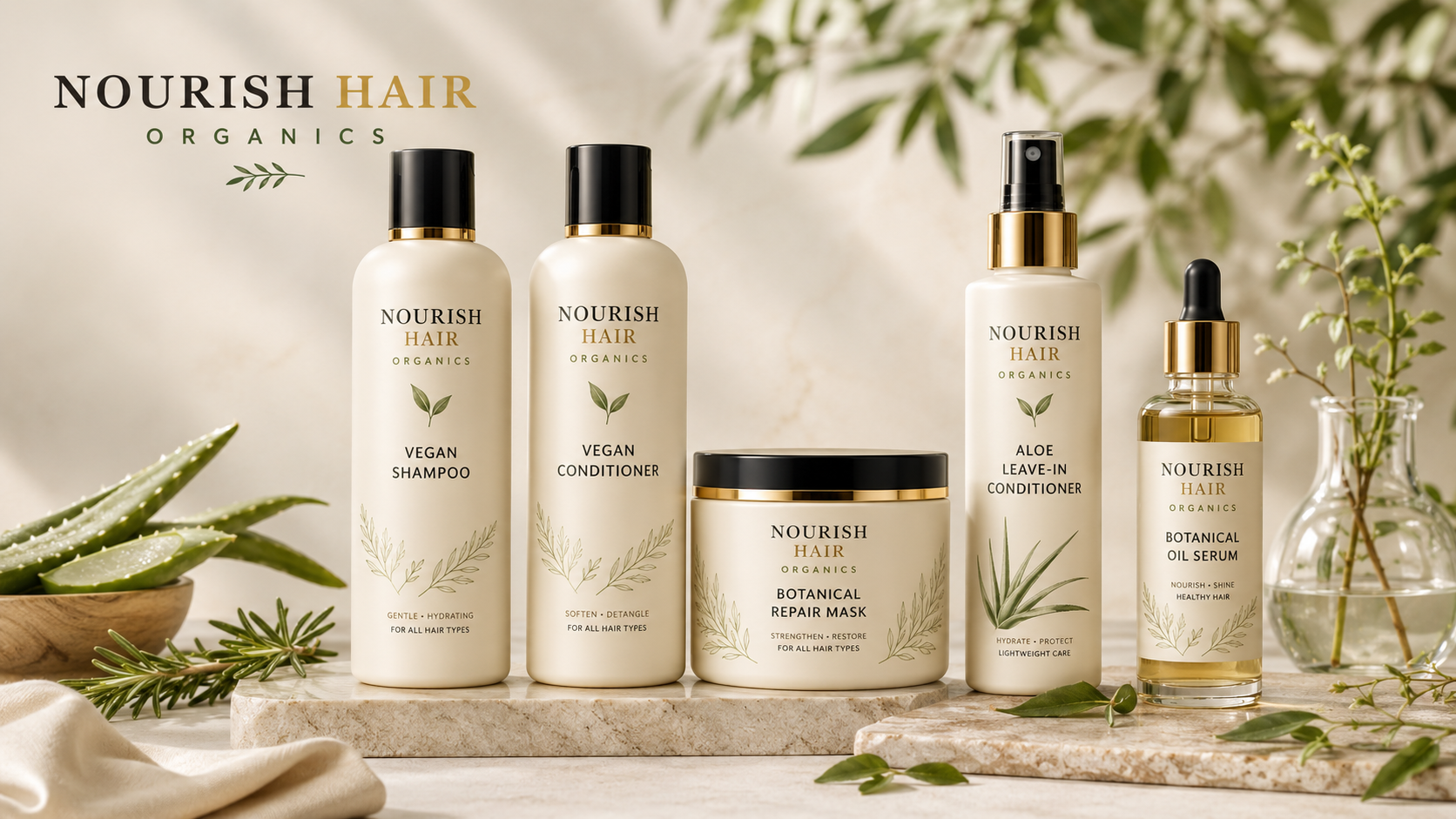 NOURISH HAIR ORGANICS vegan organic-inspired hair care bottles with botanical ingredients, sage accents, and a luxury spa salon feel